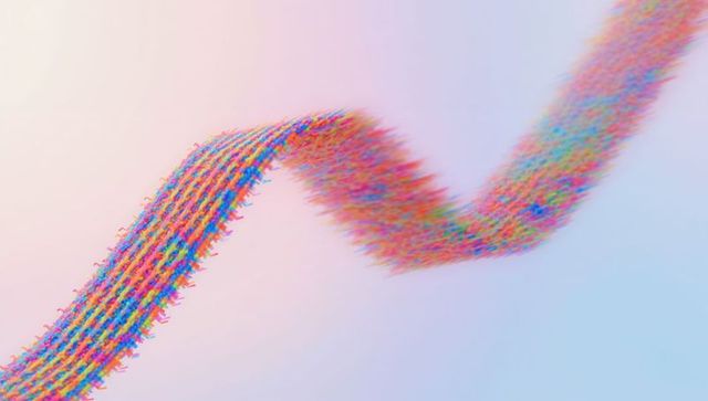 Multicolor particle ribbon flowing across soft pastel gradient abstract digital strand