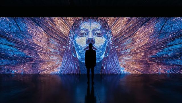 Silhouette man admiring illuminated digital mural with cosmic face and radiant data rays