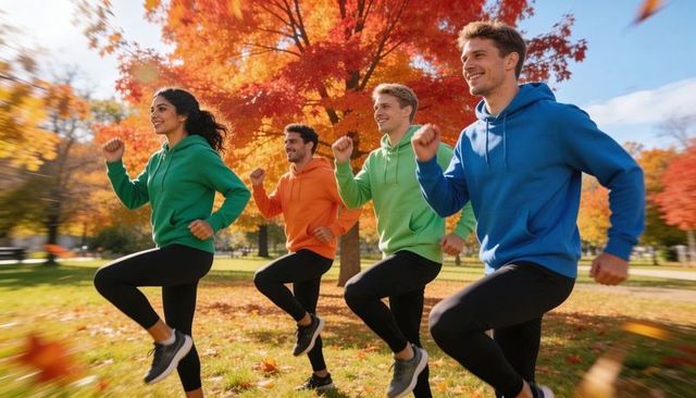 Group of friends running in colorful hoodies training together in autumn park fitness