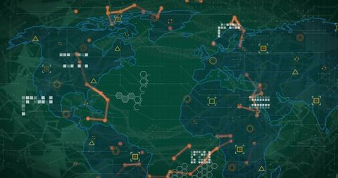 Displaying global tracking network on interactive HUD map with data nodes and routes