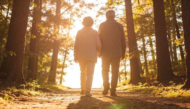 Senior Couple Walking Hand in Hand on Sunlit Forest Trail at Warm Golden Hour Light