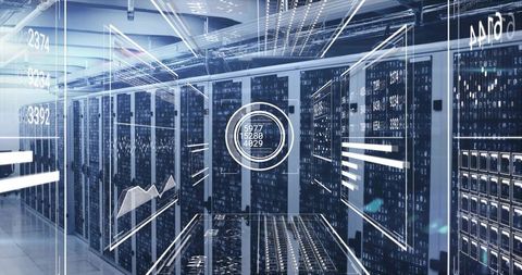 Futuristic data center with digital overlay displays