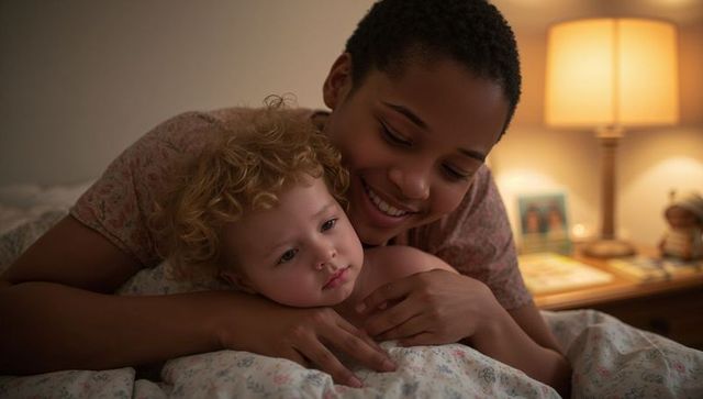 Smiling caregiver cuddling toddler at bedtime in cozy lamp-lit bedroom conveying warmth