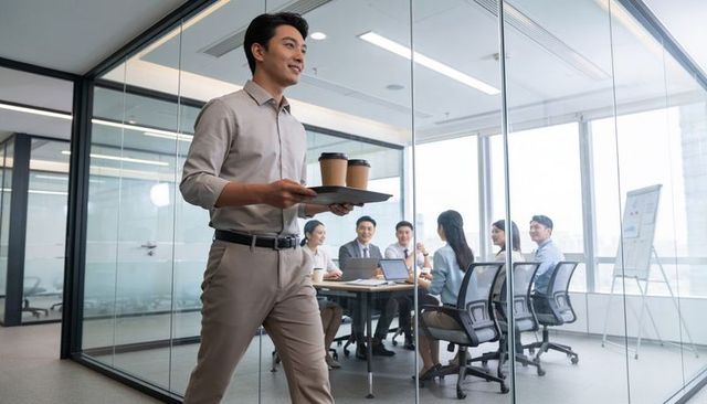 Businessman carrying coffee tray past glass conference room while team collaborating