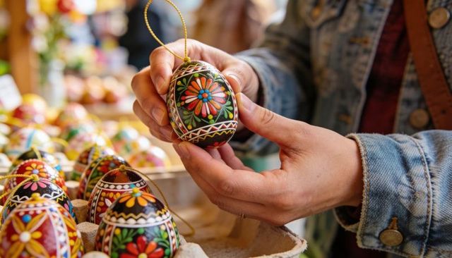 Hand-Painted Easter Egg Ornament with Floral Geometric Design Held by Shopper at Market