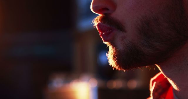 Close-up profile of a man's lips and beard with dramatic lighting highlights facial features. Ideal for beauty and grooming products, barbershop advertisements, or artistic projects focused on human details and masculinity.