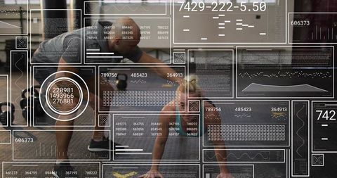 Trainer coaching trainee holding plank with futuristic hud fitness data overlay