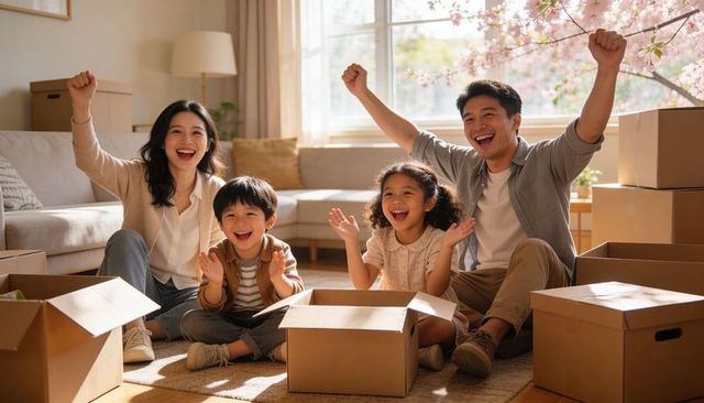 Smiling family unpacking boxes in sunlit living room celebrating move into new home