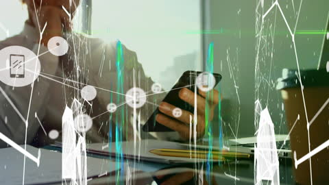 Businessman Engaging with Smartphone Amid Digital Connections