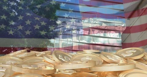 Piling gold dollar coins with us flag overlay over reflective corporate facade, urban mural