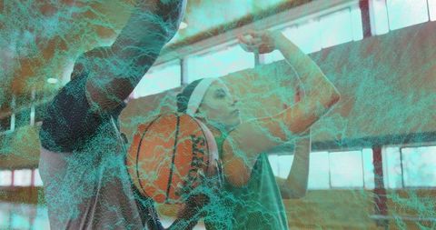 Dynamic Basketball Player in Mid-Air Shooting