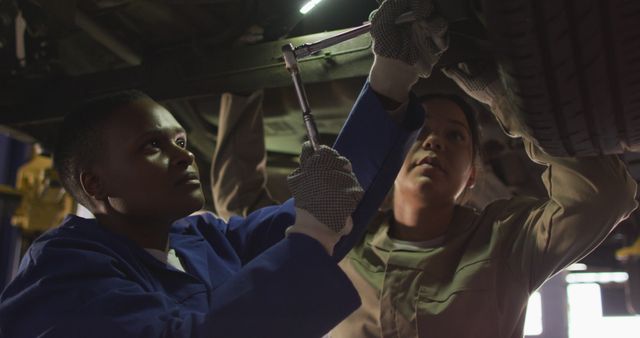 Female mechanics collaborating to repair a car's undercarriage in a professional auto workshop. Ideal for use in articles or advertisements about women in non-traditional careers, automotive industry, vehicle maintenance services, and technical skills training.