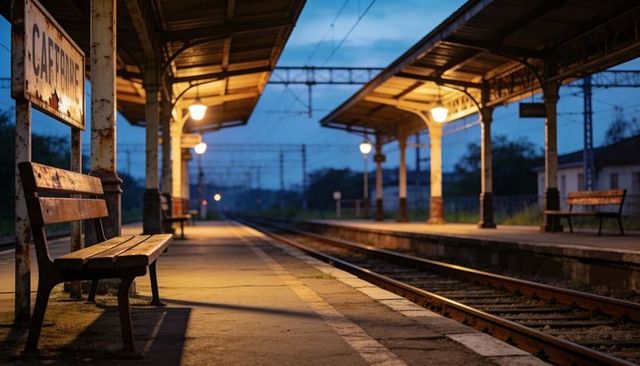 Twilight Train Platform with Weathered Bench, Warm Lamps and Empty Tracks for Copy Space