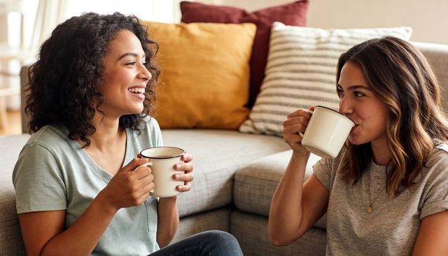 Two friends sharing cozy coffee conversation on sofa with enamel mugs and warm cushions