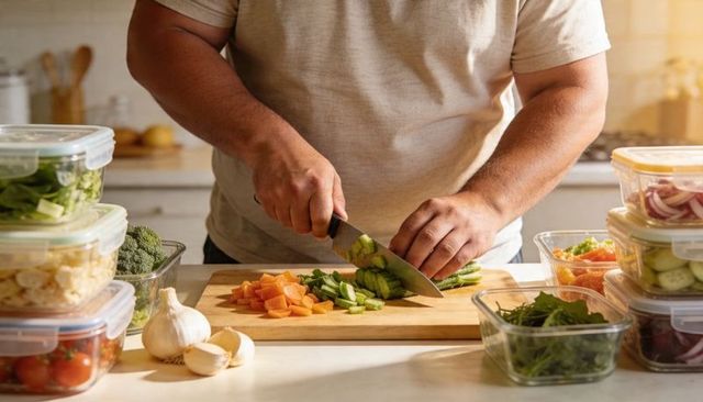 Home cook chopping fresh vegetables for healthy meal prep on wooden cutting board