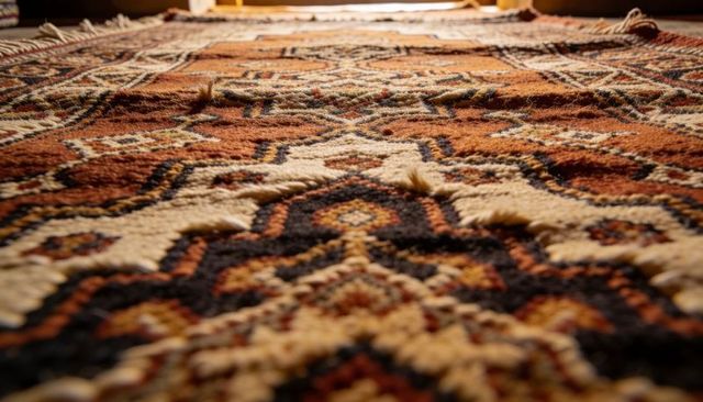 Low-angle ornate woven runner rug showing raised pile, fringed tassels and warm geometric motifs
