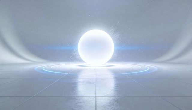 Glowing futuristic orb emitting halo and holographic rings in minimal white chamber