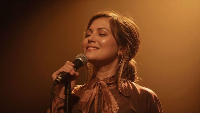 Female vocalist performing soulful ballad under warm amber spotlight, satin blouse portrait