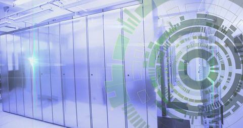Futuristic server room with digital overlay symbolizing data flow