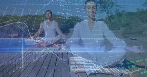 Couple Meditating with Data Overlay Reflecting Calm amidst Trends