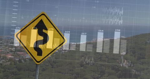 Financial Analysis Overlaid on Scenic Landscape and Road Warning Sign - Download Free Stock Images Pikwizard.com