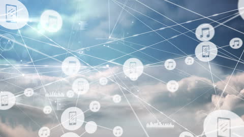 Digital Connectivity with Music and Data Icons Against Cloudy Sky