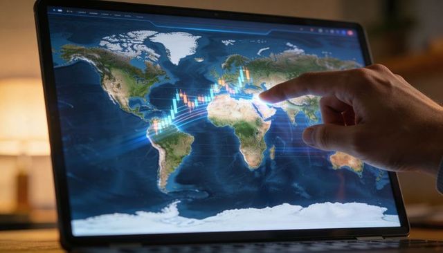 Touchscreen trader mapping global market flows with candlestick analytics on tablet