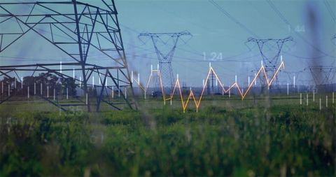 Pylon Landscape with Data Overlays in Green Field