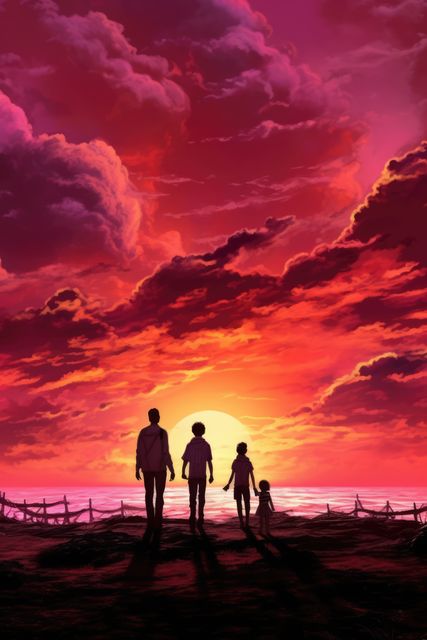 Family walking along the beach in silhouette against a dramatic sunset sky filled with vibrant hues of orange, pink, and red. The scene conveys feelings of togetherness, love, and tranquility, making it a perfect representation for themes related to family bonding, serenity, and the beauty of nature. This image can be used for family-oriented advertisements, travel promotions, inspirational content, or for creating a warm and comforting atmosphere in design projects.
