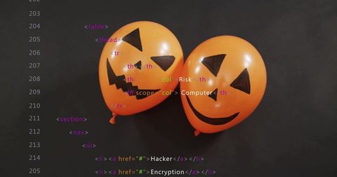 Halloween jack-o'-lantern balloons showing html code for cybersecurity concept