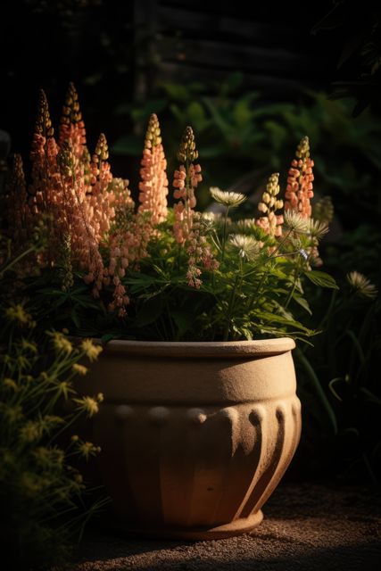 Beautiful sunlit outdoor potted flowers with lupines, perfect for garden or flower arrangement concepts. Ideal for showcasing summer foliage, backyard gardens, or bright nature settings.