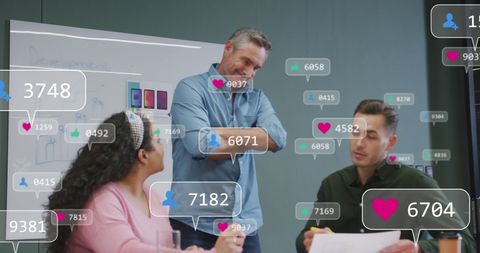 Coworkers Discussing Product Design with Social Media Overlays