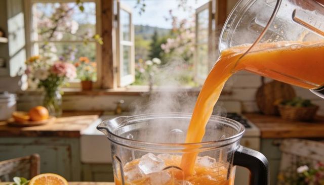 Pouring steaming fresh orange juice into blender with ice in sunlit rustic farmhouse kitchen