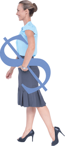 Transparent smiling businesswoman holding blue dollar symbol