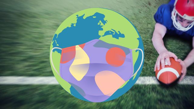 This animation features a juxtaposition of a globe wearing a face mask with an American football player, emphasizing the global impact of the COVID-19 pandemic on sports. The image is ideal for content related to health and sports safety, articles discussing sports events during the pandemic, or promotions addressing the intersection of global health and athletics.