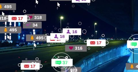 Social Media Notifications Pop-up Above Highway at Night