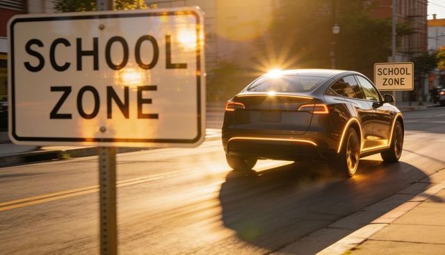 Electric crossover driving through urban school zone at golden hour with lens flare