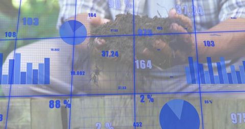 Senior man holding rich compost soil with agricultural analytics overlay and charts