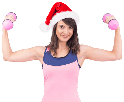 Woman in santa hat exercising holding pink dumbbells transparent background