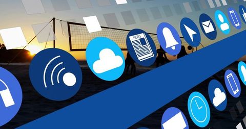 Silhouetted women playing beach volleyball at sunset with floating blue tech icons overlay