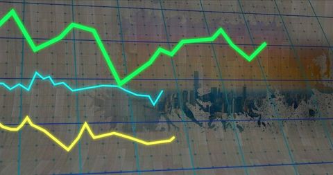Neon line charts overlaying faded urban skyline on gridded paper showing trends