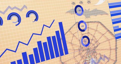 Rising blue bar chart with jagged trend line and circular metrics over beige grid