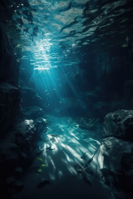 The scene captures the mesmerizing beauty of an underwater cave where sunbeams break through the water, illuminating the rocky structures and various fish swimming gracefully. This evokes a sense of tranquility and natural wonder. Ideal for themes related to marine life, ocean exploration, diving adventures, and the hidden beauty of nature. Useful for magazines, environmental presentations, nature documentaries, or travel blogs promoting underwater experiences.