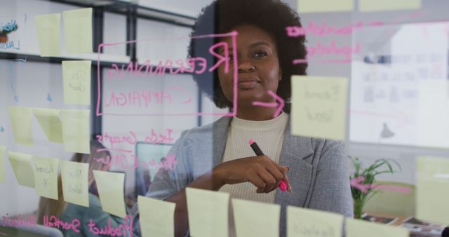 Businesswoman Writing Ideas on Transparent Board with Post-Its - Download Free Stock Images Pikwizard.com