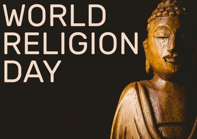 Image features a wooden Buddhist statue with text 'World Religion Day' on black background. Ideal for promoting religious and spiritual events, articles, and mindfulness campaigns. Can be used for educational content about Buddhism and religious tolerance.