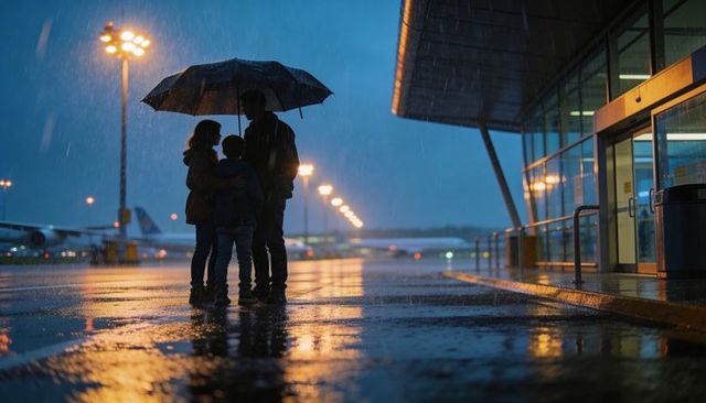 Family huddling under umbrella on rainy airport ramp nighttime silhouettes by terminal tarmac