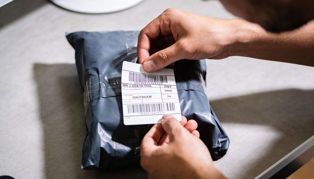 Placing shipping label on dark gray poly mailer with barcode closeup and hands
