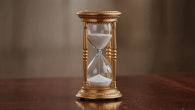 Golden ornate hourglass with flowing fine white sand