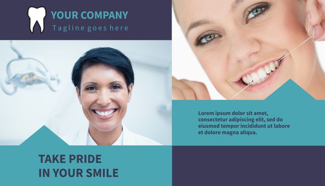 Dental advertisement template featuring a happy patient and a woman flossing. Ideal for promoting dental clinics, oral health awareness campaigns, and dental hygiene products. Great for use in print or digital media to promote dental services and encourage oral care.