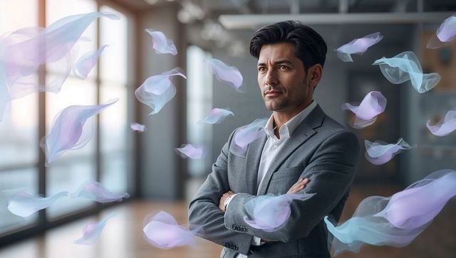 Confident executive standing with arms crossed in modern office amid ethereal ribbons